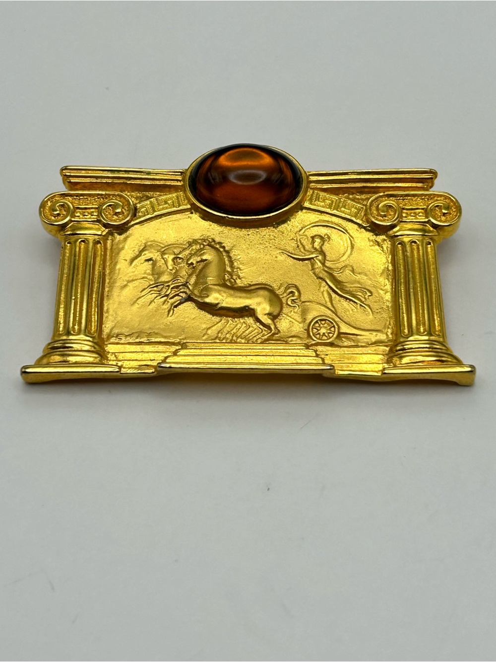 Vintage Signed JJ Jonette Jewelry Brooch with Amber Cabochon